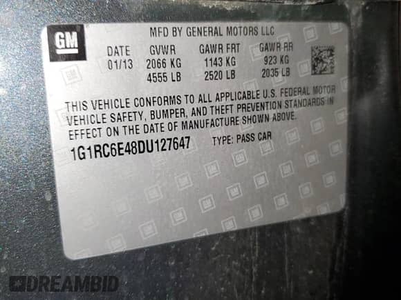 2013 Chevrolet Volt z VIN 1G1RC6E48DU127647, wystawiony jako Copart lot #57713154 z przebiegiem 88 603 mil mil oraz Szkoda całkowita • Salvage title. Historia ofert i sprzedaży dostępna na DreamBid. Obrazek 12.