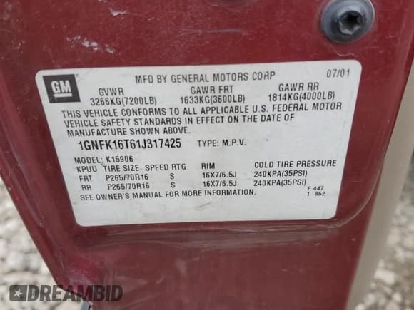 ✅ 2001 Chevrolet Suburban LS • VIN: 1GNFK16T61J317425 • Лот: 43578115. Опубликован ранее на Copart с пробегом 236 539 миль. Бесплатный доступ к архиву аукционных продаж из США и подробный отчёт об истории автомобиля на DreamBid. Изображение 14.