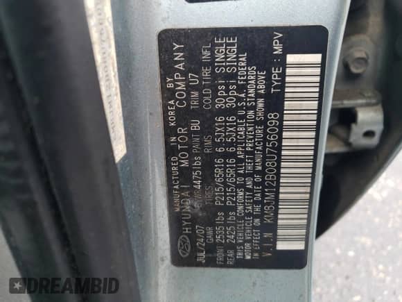 2008 Hyundai Tucson GLS z VIN KM8JM12B08U756098, wystawiony jako Copart lot #66724864 z przebiegiem 161 364 mil mil oraz Szkoda całkowita • Salvage title. Historia ofert i sprzedaży dostępna na DreamBid. Obrazek 15.