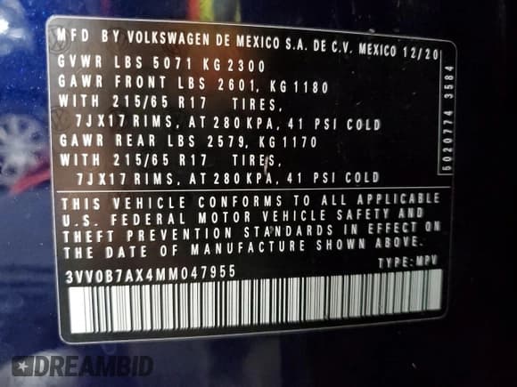 ✅ 2021 Volkswagen Tiguan S • VIN: 3VV0B7AX4MM047955 • Лот: 68452645. Опубликован ранее на Copart с пробегом 37 013 миль. Бесплатный доступ к архиву аукционных продаж из США и подробный отчёт об истории автомобиля на DreamBid. Изображение 13.