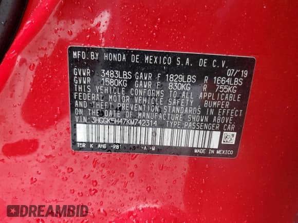 ✅ 2019 Honda Fit LX • VIN: 3HGGK5H47KM742314 • Lot: 92716615. Listed on Copart with 84,040 mi. Free auction sales archive from the USA and detailed vehicle history report at DreamBid. Image 12.