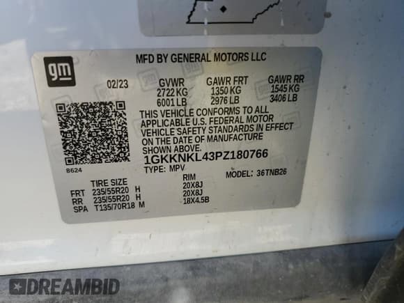 ✅ 2023 GMC Acadia SLE • VIN: 1GKKNKL43PZ180766 • Lot: 86219665. Listed on Copart with 105,381 mi. Free auction sales archive from the USA and detailed vehicle history report at DreamBid. Image 12.