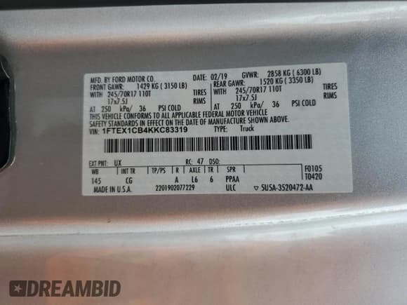 ✅ 2019 Ford F-150 XL • VIN: 1FTEX1CB4KKC83319 • Lot: 65575855. Wystawiony na Copart z przebiegiem 60 247 mil. Bezpłatny archiwum sprzedaży aukcyjnych z USA i szczegółowy raport historii pojazdu na DreamBid. Zdjęcie 12.