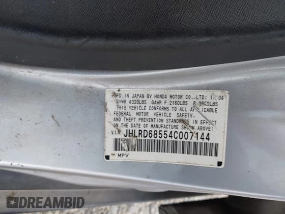 ✅ 2004 Honda CR-V LX • VIN: JHLRD68554C007144 • Lot: 42788152. Wystawiony na IAAI z przebiegiem 306 287 mil. Bezpłatny archiwum sprzedaży aukcyjnych z USA i szczegółowy raport historii pojazdu na DreamBid. Zdjęcie 9.