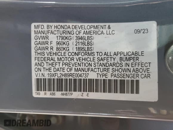 ✅ 2024 Honda Civic Sport • VIN: 19XFL2H89RE004737 • Lot: 48701785. Listed on Copart with 15,214 mi. Free auction sales archive from the USA and detailed vehicle history report at DreamBid. Image 14.