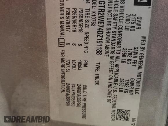 ✅ 2013 GMC Sierra 1500 SLT • VIN: 1GTR2WE74DZ191188 • Lot: 60336095. Listed on Copart with 254,914 mi. Free auction sales archive from the USA and detailed vehicle history report at DreamBid. Image 13.