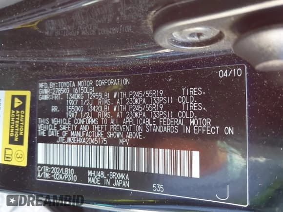 ✅ 2010 Toyota Highlander Limited • VIN: JTEJW3EHXA2045175 • Lot: 43785532. Listed on IAAI with 210,781 mi. Free auction sales archive from the USA and detailed vehicle history report at DreamBid. Image 9.