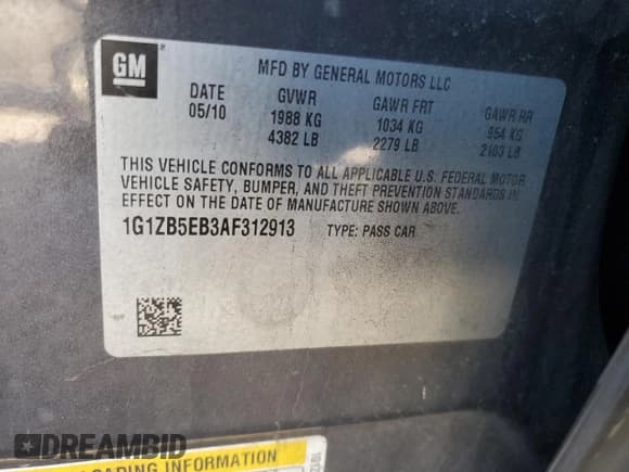 ✅ 2010 Chevrolet Malibu 1LS • VIN: 1G1ZB5EB3AF312913 • Lot: 80578254. Listed on Copart with 77,941 mi. Free auction sales archive from the USA and detailed vehicle history report at DreamBid. Image 14.