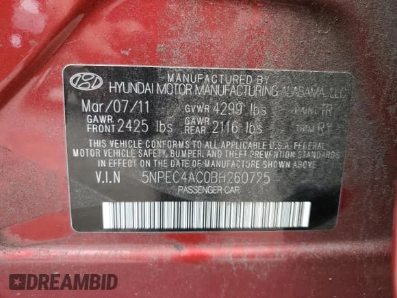 ✅ 2011 Hyundai Sonata SE • VIN: 5NPEC4AC0BH260725 • Lot: 73853884. Listed on Copart with 232,178 mi. Free auction sales archive from the USA and detailed vehicle history report at DreamBid. Image 12.