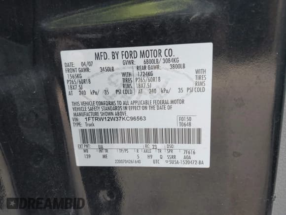 ✅ 2007 Ford F-150 XLT • VIN: 1FTRW12W37KC96563 • Lot: 43796020. Listed on IAAI with 188,067 mi. Free auction sales archive from the USA and detailed vehicle history report at DreamBid. Image 9.