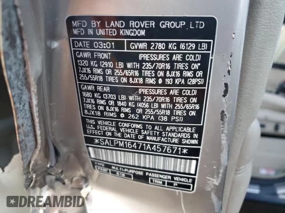 ✅ 2001 Land Rover Range Rover • VIN: SALPM16471A457671 • Lot: 83251494. Listed on Copart with Not provided. Free auction sales archive from the USA and detailed vehicle history report at DreamBid. Image 13.