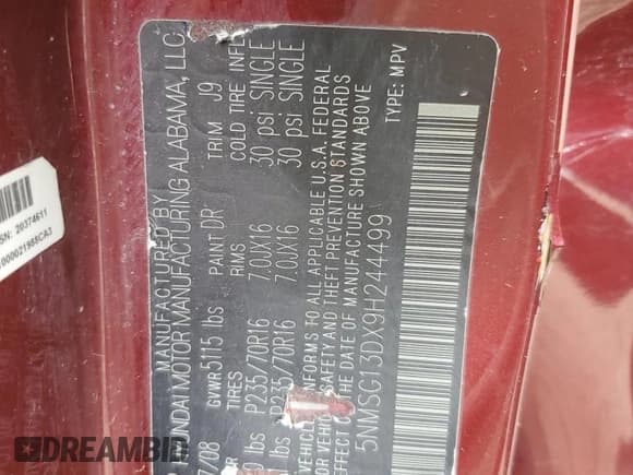 ✅ 2009 Hyundai Santa Fe GLS • VIN: 5NMSG13DX9H244499 • Lot: 67472594. Listed on Copart with 198,417 mi. Free auction sales archive from the USA and detailed vehicle history report at DreamBid. Image 14.