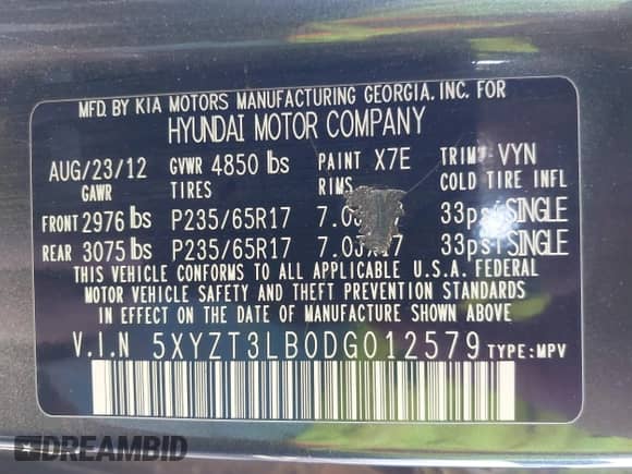 2013 Hyundai Santa Fe Sport with VIN 5XYZT3LB0DG012579, listed as a IAAI auction lot 43479119 with 93,453 mi miles and . Bid and sale history available at DreamBid. Image 9.