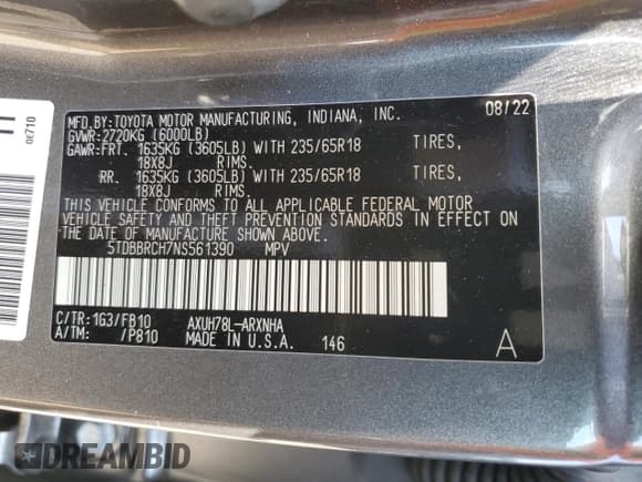 ✅ 2022 Toyota Highlander Hybrid LE • VIN: 5TDBBRCH7NS561390 • Lot: 62463815. Listed on Copart with 51,002 mi. Free auction sales archive from the USA and detailed vehicle history report at DreamBid. Image 13.