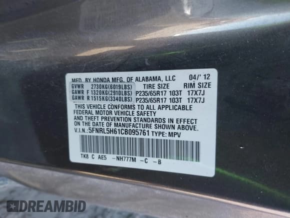 ✅ 2012 Honda Odyssey EX-L • VIN: 5FNRL5H61CB095761 • Lot: 41647368. Listed on IAAI with 146,661 mi. Free auction sales archive from the USA and detailed vehicle history report at DreamBid. Image 9.