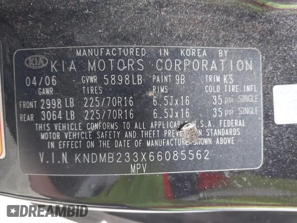 ✅ 2006 Kia Sedona LX • VIN: KNDMB233X66085562 • Lot: 42697006. Listed on IAAI with 239,888 mi. Free auction sales archive from the USA and detailed vehicle history report at DreamBid. Image 9.