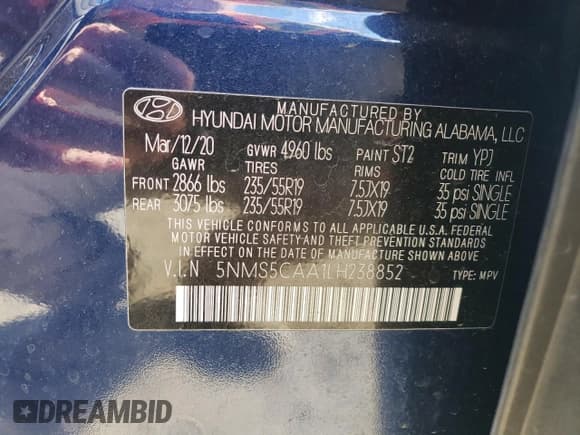 ✅ 2020 Hyundai Santa Fe Limited • VIN: 5NMS5CAA1LH238852 • Lot: 42252353. Wystawiony na Copart z przebiegiem 16 984 mil. Bezpłatny archiwum sprzedaży aukcyjnych z USA i szczegółowy raport historii pojazdu na DreamBid. Zdjęcie 14.