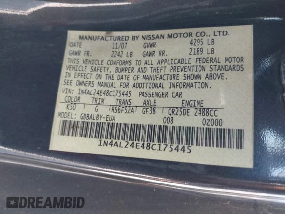 ✅ 2008 Nissan Altima S • VIN: 1N4AL24E48C175445 • Lot: 42624202. Wystawiony na IAAI z przebiegiem 200 091 mil. Bezpłatny archiwum sprzedaży aukcyjnych z USA i szczegółowy raport historii pojazdu na DreamBid. Zdjęcie 9.