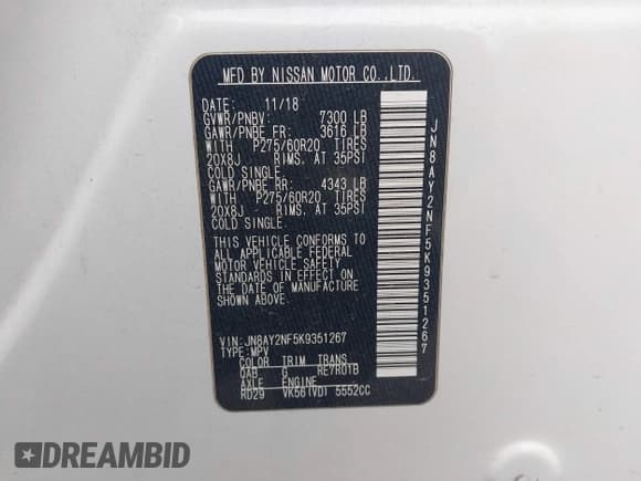 ✅ 2019 Nissan Armada Platinum • VIN: JN8AY2NF5K9351267 • Lot: 43065879. Listed on IAAI with 136,034 mi. Free auction sales archive from the USA and detailed vehicle history report at DreamBid. Image 9.