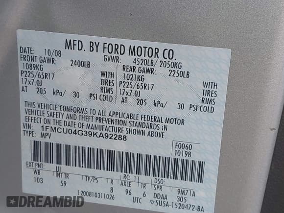 ✅ 2009 Ford Escape Limited • VIN: 1FMCU04G39KA92288 • Lot: 43573741. Listed on IAAI with 143,621 mi. Free auction sales archive from the USA and detailed vehicle history report at DreamBid. Image 9.