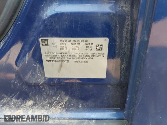 ✅ 2013 Chevrolet Cruze LS • VIN: 1G1PA5SH6D7164208 • Lot: 42897508. Listed on IAAI with 141,375 mi. Free auction sales archive from the USA and detailed vehicle history report at DreamBid. Image 9.