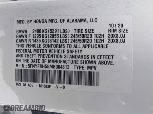 ✅ 2021 Honda Passport EX-L • VIN: 5FNYF8H55MB004813 • Lot: 41262942. Listed on IAAI with 69,585 mi. Free auction sales archive from the USA and detailed vehicle history report at DreamBid. Image 9.