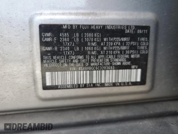 ✅ 2012 Subaru Outback Prem • VIN: 4S4BRBGC6C3203693 • Lot: 57302955. Listed on Copart with 24,511 mi. Free auction sales archive from the USA and detailed vehicle history report at DreamBid. Image 13.