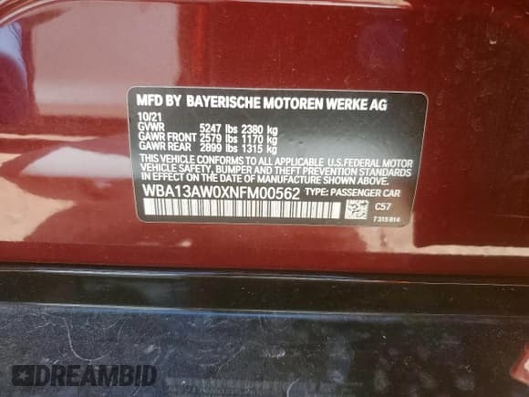 ✅ 2022 BMW 4 Series M440i xDrive • VIN: WBA13AW0XNFM00562 • Lot: 65446865. Listed on Copart with 49,089 mi. Free auction sales archive from the USA and detailed vehicle history report at DreamBid. Image 13.