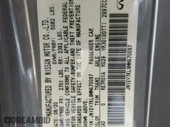 ✅ 2021 Infiniti Q60 Luxe • VIN: JN1EV7KL9MM470097 • Lot: 60541795. Listed on Copart with 39,493 mi. Free auction sales archive from the USA and detailed vehicle history report at DreamBid. Image 12.