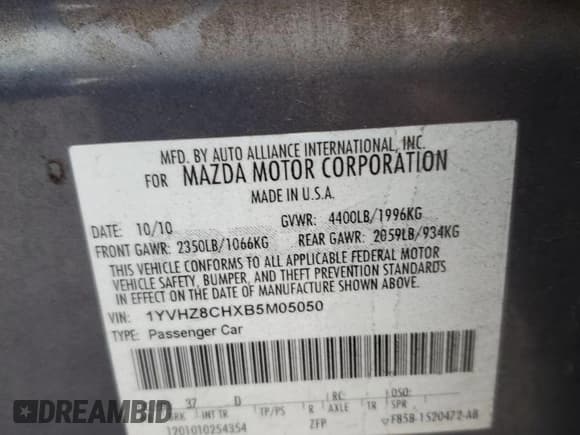 ✅ 2011 Mazda 6 i Grand Touring • VIN: 1YVHZ8CHXB5M05050 • Lot: 85633344. Listed on Copart with Not provided. Free auction sales archive from the USA and detailed vehicle history report at DreamBid. Image 13.