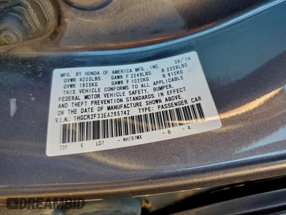 ✅ 2014 Honda Accord LX • VIN: 1HGCR2F33EA265742 • Лот: 94772665. Опубликован ранее на Copart с пробегом 79 518 миль. Бесплатный доступ к архиву аукционных продаж из США и подробный отчёт об истории автомобиля на DreamBid. Изображение 13.