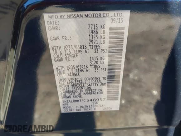 ✅ 2015 Infiniti QX60 • VIN: 5N1AL0MM3FC548957 • Lot: 42276104. Listed on IAAI with 102,946 mi. Free auction sales archive from the USA and detailed vehicle history report at DreamBid. Image 9.