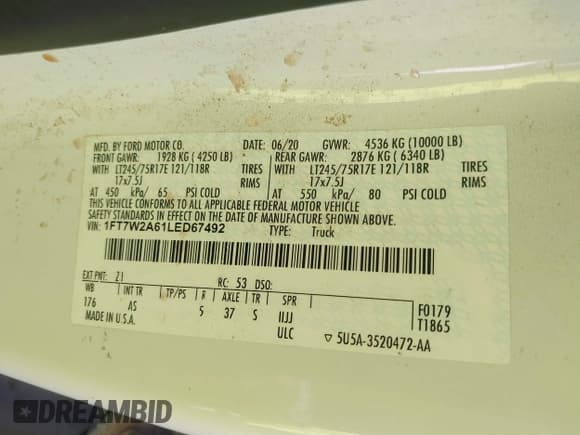 ✅ 2020 Ford F-250 XL • VIN: 1FT7W2A61LED67492 • Lot: 43557693. Wystawiony na IAAI z przebiegiem 133 488 mil. Bezpłatny archiwum sprzedaży aukcyjnych z USA i szczegółowy raport historii pojazdu na DreamBid. Zdjęcie 9.