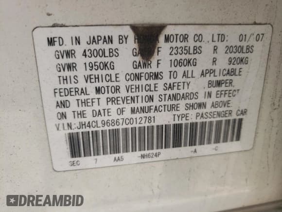 ✅ 2007 Acura TSX • VIN: JH4CL96867C012781 • Lot: 50374655. Listed on Copart with 183,864 mi. Free auction sales archive from the USA and detailed vehicle history report at DreamBid. Image 12.