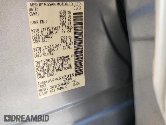 ✅ 2017 Nissan Titan SV • VIN: 1N6BA1F32HN532018 • Lot: 91584795. Listed on Copart with 65,509 mi. Free auction sales archive from the USA and detailed vehicle history report at DreamBid. Image 12.