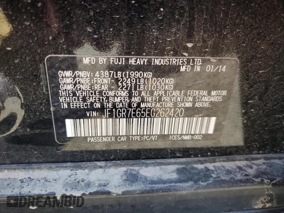 ✅ 2014 Subaru WRX WRX • VIN: JF1GR7E65EG262420 • Lot: 63064155. Listed on Copart with 125,825 mi. Free auction sales archive from the USA and detailed vehicle history report at DreamBid. Image 12.
