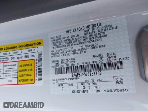 ✅ 2020 Ford Mustang GT • VIN: 1FA6P8CF5L5157752 • Lot: 40629901. Listed on IAAI with 37,450 mi. Free auction sales archive from the USA and detailed vehicle history report at DreamBid. Image 9.