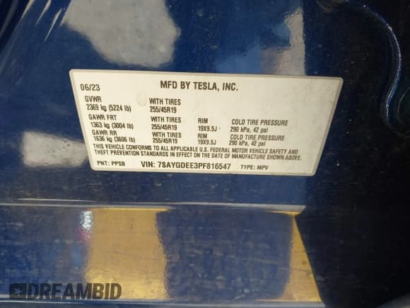 ✅ 2023 Tesla Model Y Long Range • VIN: 7SAYGDEE3PF816547 • Lot: 42383050. Listed on IAAI with 20,917 mi. Free auction sales archive from the USA and detailed vehicle history report at DreamBid. Image 9.