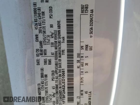 ✅ 2020 Ford F-250 XL • VIN: 1FTBF2A62LED10681 • Lot: 91848945. Wystawiony na Copart z przebiegiem 226 863 mil. Bezpłatny archiwum sprzedaży aukcyjnych z USA i szczegółowy raport historii pojazdu na DreamBid. Zdjęcie 12.