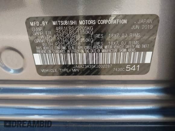 2019 Mitsubishi Outlander ES с VIN JA4AZ3A35KJ002287, выставлен на аукционе IAAI как лот 42815580 с пробегом 43 637 миль миль и . История ставок и продаж доступна на DreamBid. Изображение 9.