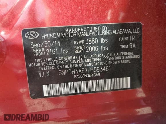 ✅ 2015 Hyundai Elantra SE • VIN: 5NPDH4AE7FH593461 • Lot: 84904855. Listed on Copart with 92,077 mi. Free auction sales archive from the USA and detailed vehicle history report at DreamBid. Image 13.