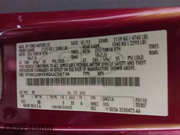 ✅ 2013 Ford Escape SEL • VIN: 1FMCU9HX5DUC06738 • Lot: 42404536. Listed on IAAI with 140,615 mi. Free auction sales archive from the USA and detailed vehicle history report at DreamBid. Image 9.