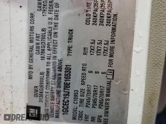 2008 Chevrolet Silverado 1500 Work Truck with VIN 1GCEC19J78E165301, listed as a Copart auction lot 50997005 with 262,275 mi miles and Clean title. Bid and sale history available at DreamBid. Image 12.