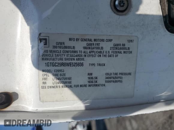 ✅ 1998 GMC Sierra 2500 • VIN: 1GTGC29R8WE525936 • Лот: 68549385. Опубликован ранее на Copart с пробегом 287 810 миль. Бесплатный доступ к архиву аукционных продаж из США и подробный отчёт об истории автомобиля на DreamBid. Изображение 12.