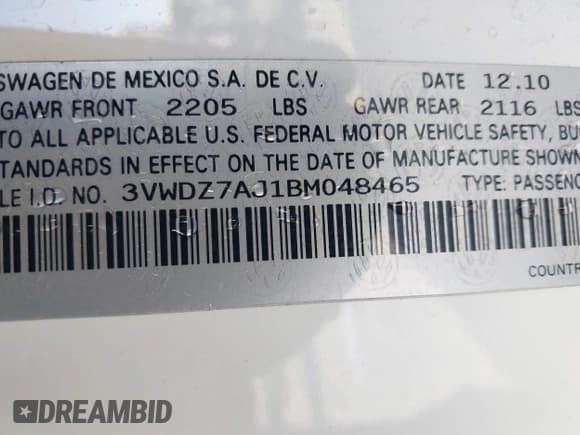 ✅ 2011 Volkswagen Jetta SE • VIN: 3VWDZ7AJ1BM048465 • Lot: 43849065. Listed on IAAI with 159,333 mi. Free auction sales archive from the USA and detailed vehicle history report at DreamBid. Image 9.