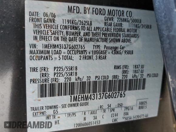 ✅ 2007 Mercury Montego Premier • VIN: 1MEHM43137G602765 • Лот: 81796354. Опубликован ранее на Copart с пробегом Не указан. Бесплатный доступ к архиву аукционных продаж из США и подробный отчёт об истории автомобиля на DreamBid. Изображение 12.