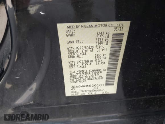 ✅ 2011 Nissan Armada SV • VIN: 5N1BA0NDXBN620101 • Lot: 43364672. Listed on IAAI with 135,877 mi. Free auction sales archive from the USA and detailed vehicle history report at DreamBid. Image 9.