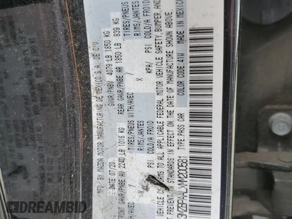 ✅ 2021 Mazda 3 S • VIN: 3MZBPAALXMM200581 • Lot: 84710515. Listed on Copart with 41,133 mi. Free auction sales archive from the USA and detailed vehicle history report at DreamBid. Image 12.