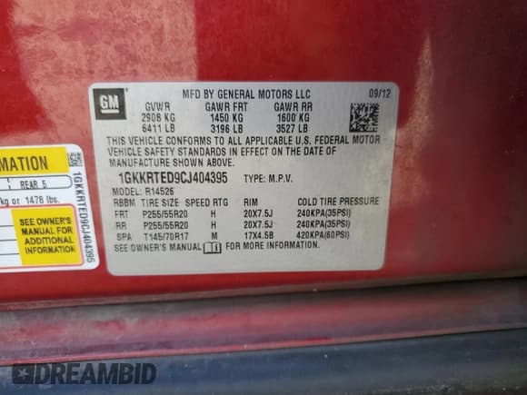 ✅ 2012 GMC Acadia Denali • VIN: 1GKKRTED9CJ404395 • Lot: 87207245. Listed on Copart with 214,958 mi. Free auction sales archive from the USA and detailed vehicle history report at DreamBid. Image 13.