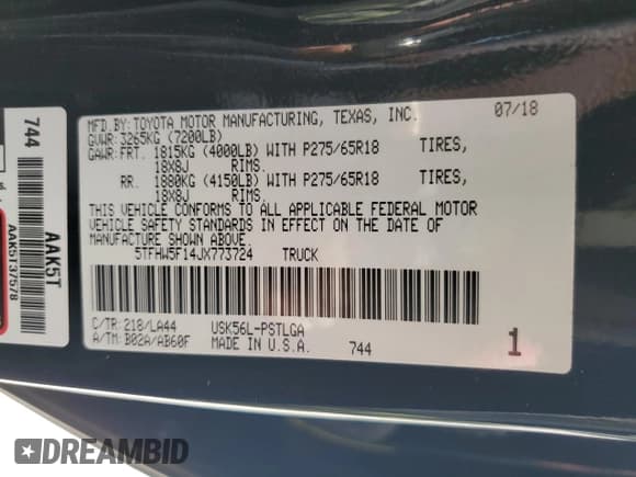 ✅ 2018 Toyota Tundra SR5 • VIN: 5TFHW5F14JX773724 • Lot: 60416725. Listed on Copart with 116,152 mi. Free auction sales archive from the USA and detailed vehicle history report at DreamBid. Image 12.